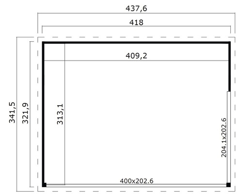 Grundrisszeichnung mit Maßangaben eines Gartenhauses