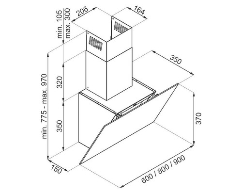 Technische Zeichnung einer Dunstabzugshaube mit Maßangaben
