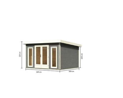 Abbildung eines Gartenhauses mit Maßangaben 369 cm x 309 cm und einer Höhe von 229 cm
