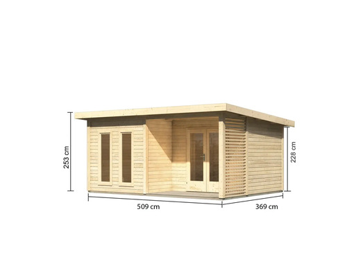 Holzgartenhaus mit Abmessungen von 509 mal 369 mal 253 Zentimetern