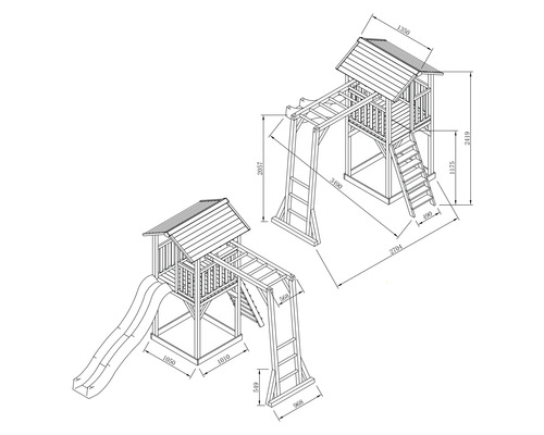 Technische Zeichnung eines Spielturms mit Rutsche und Kletterleiter mit Maßangaben