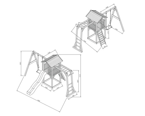 Technische Zeichnung eines Kinderspielhauses mit Schaukel und Rutsche mit Maßangaben.