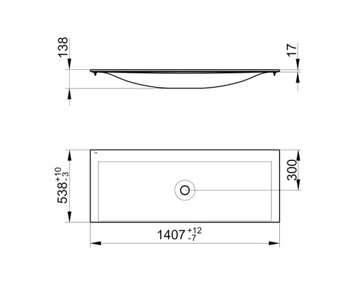 Technische Zeichnung eines Waschtisches mit Maßangaben