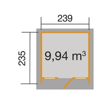 Grundrisszeichnung mit Maßangaben für ein Gartenhaus, Breite 239 Zentimeter, Tiefe 235 Zentimeter, Rauminhalt 9,94 Kubikmeter