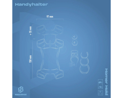 Handyhalter mit Abmessungsangaben, 150 mm Höhe, 97 mm Breite, inklusive Befestigungsmaterial