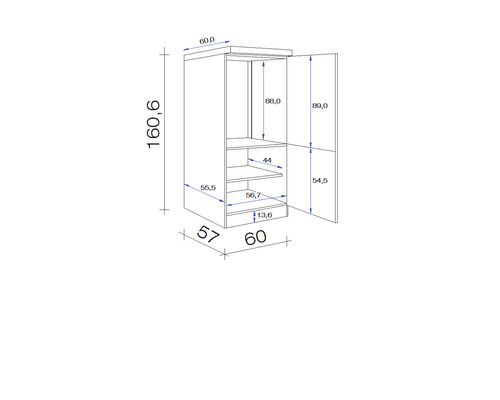 Technische Zeichnung eines Hochschranks mit Maßen.