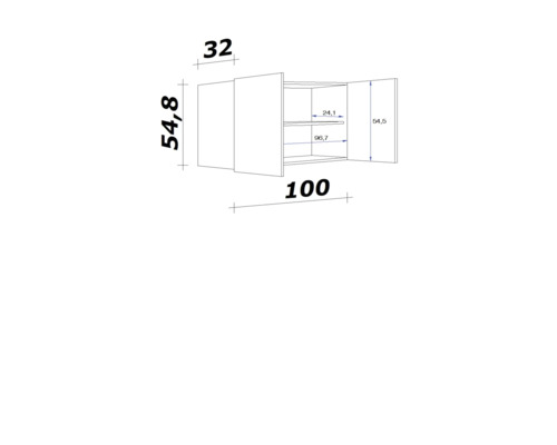 Technische Zeichnung eines Wandschranks mit Maßen