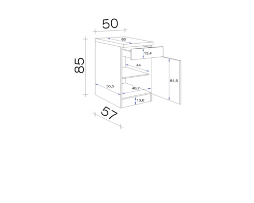 Technische Zeichnung eines Unterschranks mit Schublade und Tür inklusive Maßangaben