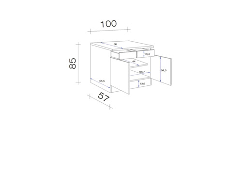 Technische Zeichnung eines Waschtischunterschranks mit Maßen.