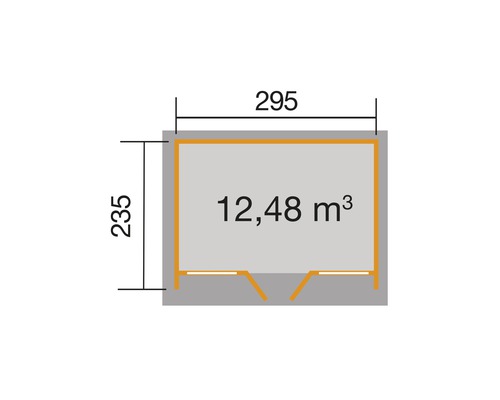 Grundrisszeichnung mit Abmessungen: 295 x 235 cm, Fläche 12,48 Kubikmeter