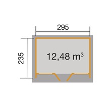 Grundriss mit Abmessungen: 295 cm Breite, 235 cm Tiefe, 12,48 Kubikmeter Rauminhalt