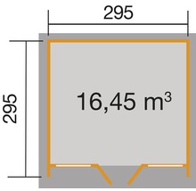 Grundriss mit den Maßen 295 mal 295 und einem Volumen von 16,45 Kubikmeter