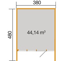 Grundriss mit Größenangaben in Millimeter und Angabe des Volumens in Kubikmeter