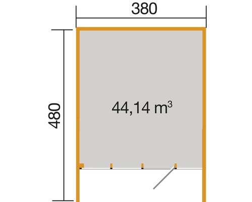 Grundriss mit Größenangaben in Millimeter und Angabe des Volumens in Kubikmeter