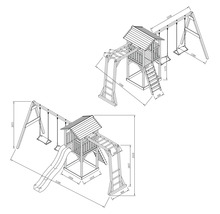 Technische Zeichnung eines Spielplatzes mit Schaukel, Kletterturm und Rutsche mit Maßangaben