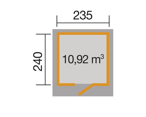 Grundriss mit den Maßen 235 x 240 cm und einem Volumen von 10,92 Kubikmetern