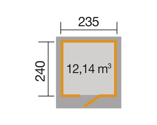 Grundrisszeichnung eines Gartenhauses mit den Maßen 235 x 240 cm und einem Volumen von 12,14 Kubikmetern.