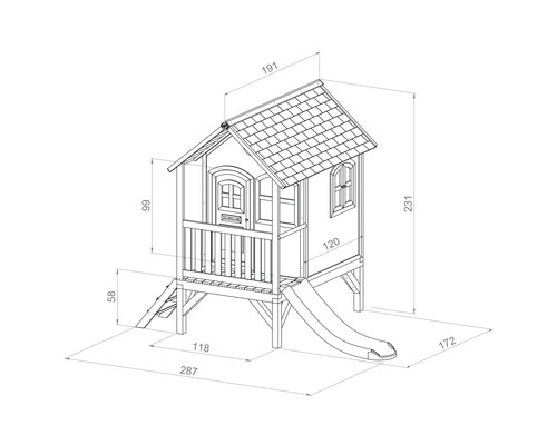Technische Zeichnung eines Spielhauses mit Maßen