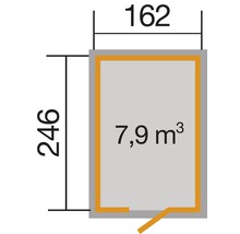 Technische Zeichnung mit den Abmessungen 162 mal 246 und dem Volumen 7,9 Kubikmeter