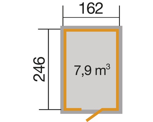 Technische Zeichnung mit den Abmessungen 162 mal 246 und dem Volumen 7,9 Kubikmeter