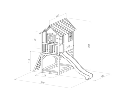 Spielhaus mit Rutsche und Sandkasten mit Maßangaben