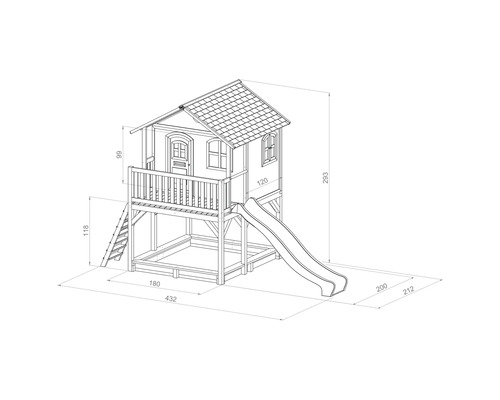 Illustration eines Spielhauses mit Rutsche und Maßangaben