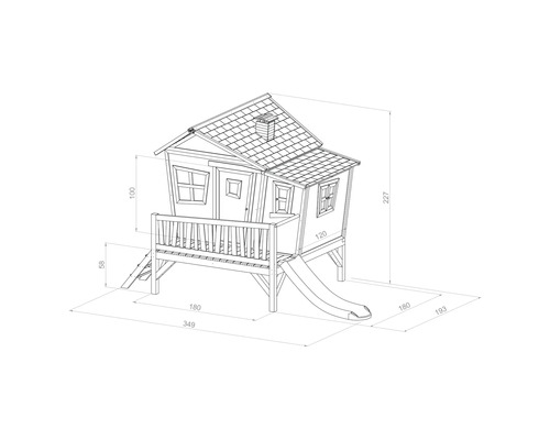 Technische Zeichnung eines Spielhauses mit Rutsche und den Maßen.