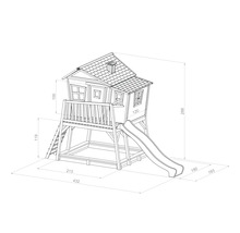 Zeichnung eines Spielhauses mit Rutsche und Sandkasten mit Maßangaben.