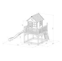 Illustration eines Kinderspielhauses aus Holz mit Rutsche und Maßen
