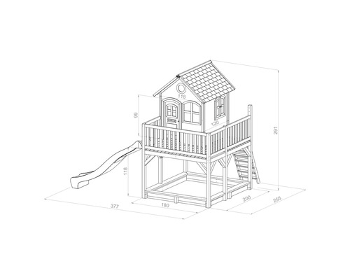 Illustration eines Spielhauses mit Rutsche und Maßen
