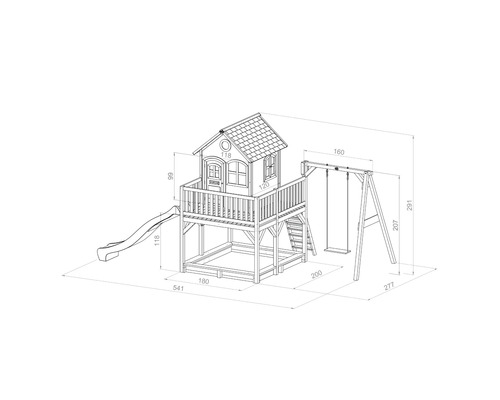 Technische Zeichnung eines Spielhauses mit Rutsche und Schaukel