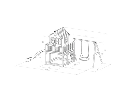 Illustration eines Spielhauses mit Rutsche und Schaukel mit Maßangaben