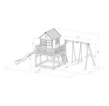 Illustration eines Spielhauses mit Schaukel und Rutsche mit Maßangaben.