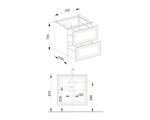 Zeichnung eines Waschtischunterschranks mit Maßangaben