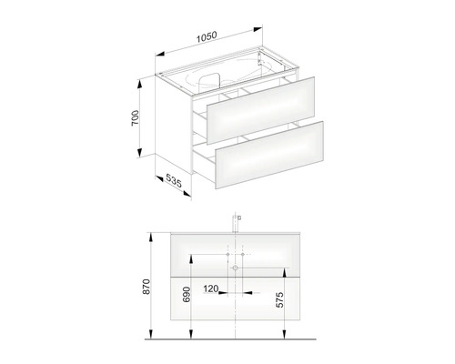 Zeichnung eines Waschtischunterschranks mit Schubladen und Maßen