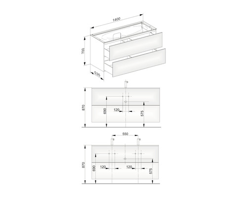 Zeichnung eines Waschtischunterschranks mit Maßen