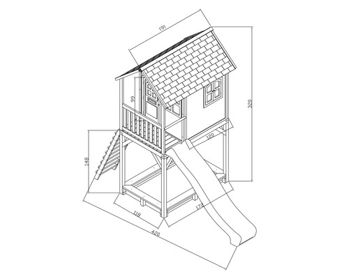Dimensionszeichnung eines Spielhauses mit Rutsche und Leiter