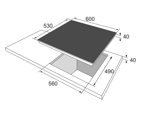 Einbaumaße für ein Kochfeld mit einer Breite von 600 mm und einer Tiefe von 530 mm
