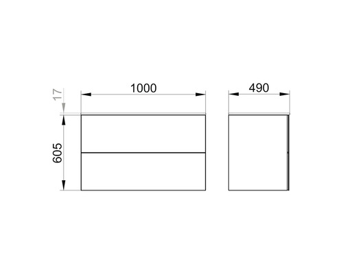 Maßzeichnung eines Waschtischunterschranks mit den Maßen 1000 x 605 x 490 Millimeter.
