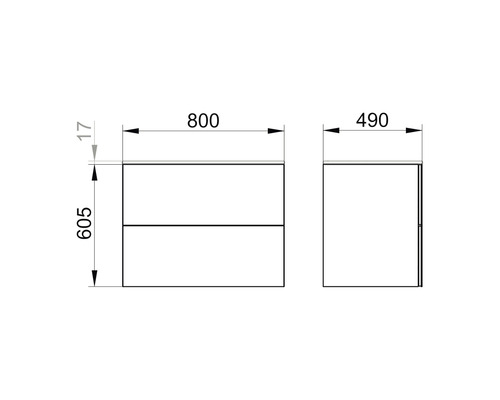 Technische Zeichnung eines Waschtischunterschranks mit Maßangaben