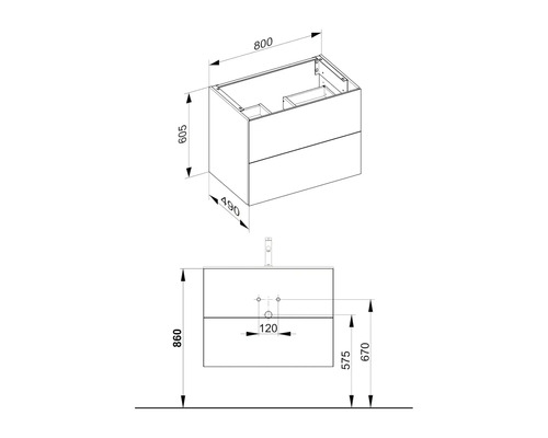 Technische Zeichnung eines Waschtischunterschranks mit Maßangaben