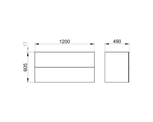 Technische Zeichnung eines Waschtischunterschranks mit den Maßen 1200 x 605 x 490 mm.
