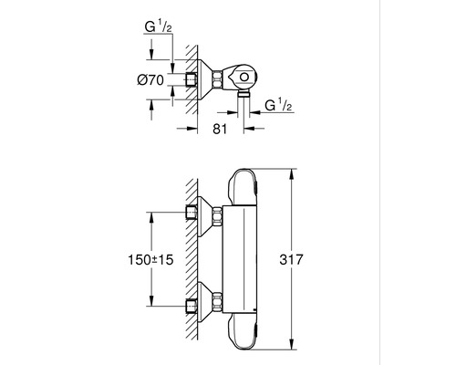 Technische Zeichnung eines Thermostats mit Maßangaben für die Installation
