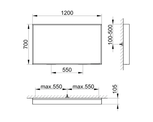 Technische Zeichnung eines Spiegels mit den Maßen 1200 x 700 mm