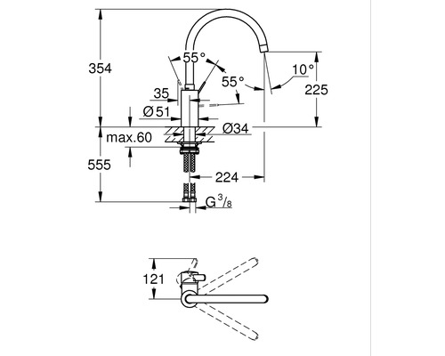 Technische Zeichnung einer Armatur mit Maßangaben