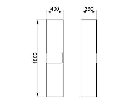 Technische Zeichnung eines Badezimmer Hochschranks mit den Maßen 1800 x 400 x 360 mm