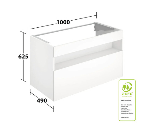 Waschbeckenunterschrank mit den Maßen 1000 x 625 x 490 mm und PEFC Siegel.