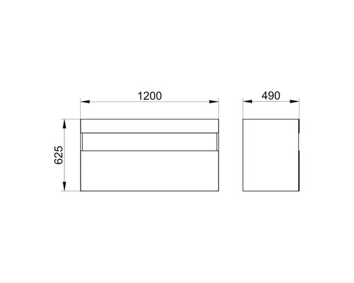 Technische Zeichnung eines Waschtischunterschranks mit den Maßen 1200 x 490 x 625 Millimeter