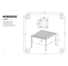 Technische Zeichnung eines Mirador 3.6x3.6m Pavillons mit Montageanleitung