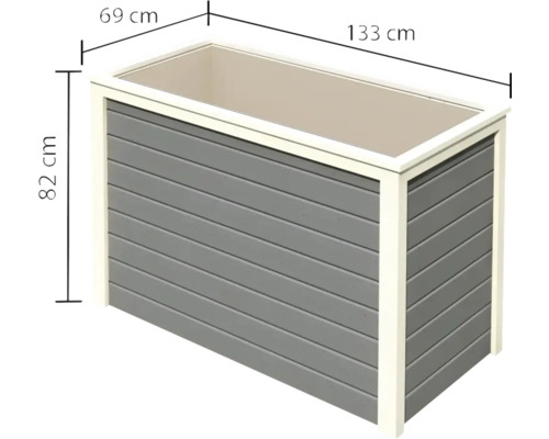 Grauer Pflanzkasten mit den Maßen 133 cm x 69 cm x 82 cm.
